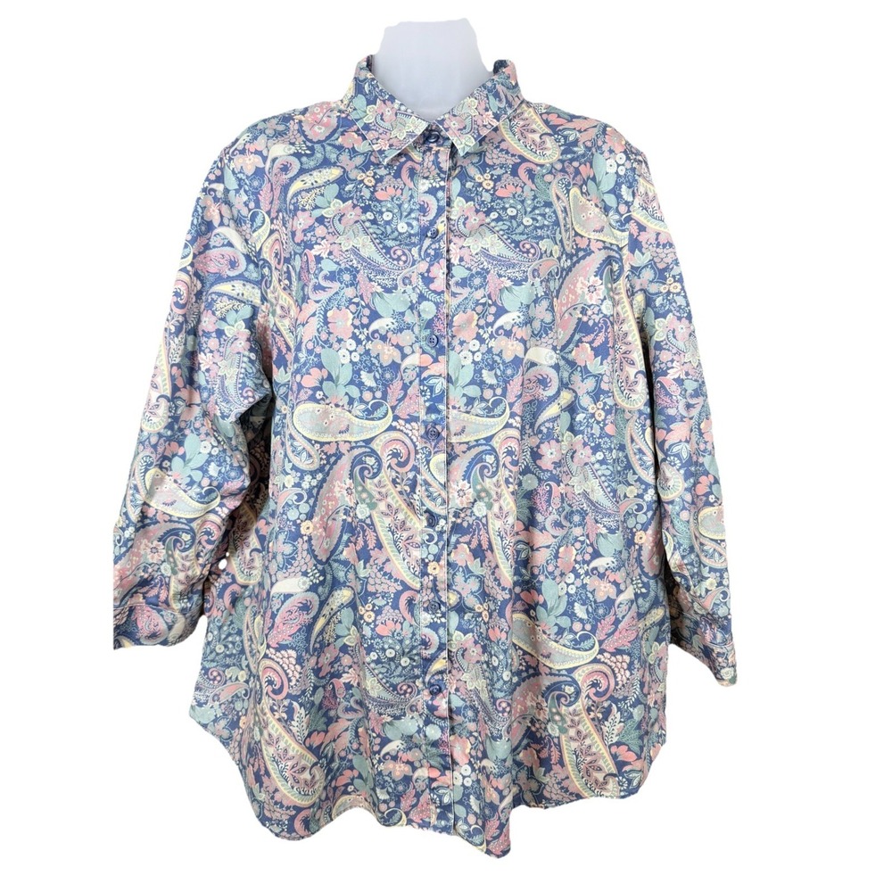 Coldwater Creek Paisley Floral Button Up Shirt Blue Pink‎ Cotton Women 20W
